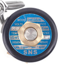 Top view of 12V DC Brass Electric Solenoid Valve Normally Open 1/4 Inch NPT showing model details on blue label.
