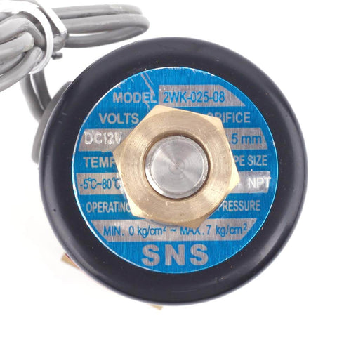 Top view of 12V DC Brass Electric Solenoid Valve Normally Open 1/4 Inch NPT showing model details on blue label.