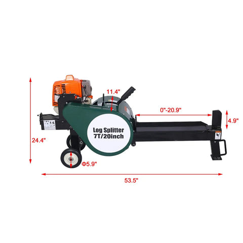 Heavy Duty Yard Beast 7 Ton Gas Log Splitter With Double Flywheel Auto Return Portable 63cc Engine side view with dimensions