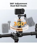 Super Clamp Camera Mount With 360 Degree Dual Ball Head for handlebars, adjustable for GoPro and DJI cameras, shown on a bike.