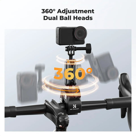 Super Clamp Camera Mount With 360 Degree Dual Ball Head for handlebars, adjustable for GoPro and DJI cameras, shown on a bike.
