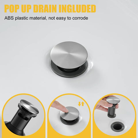 Pop-up drain included with the Waterfall Bathroom Faucet With Single Handle Vanity Sink Spout RV Ready Deck Plate, brushed nickel finish.