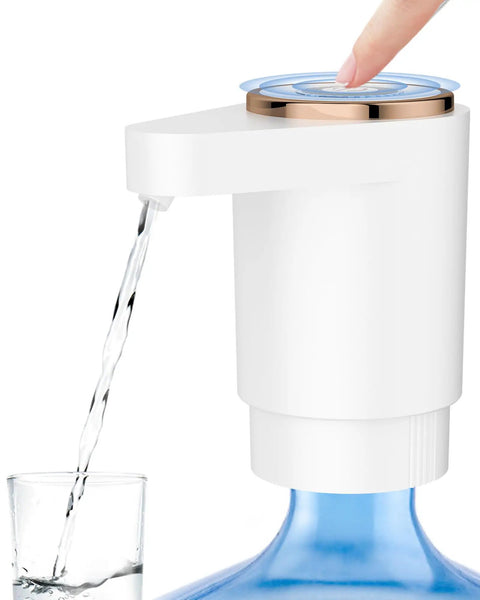 Portable Electric Water Dispenser Pump for 5 Gallon Bottles with USB Charging, shown dispensing water into a glass from a blue bottle.