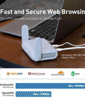 Travel WiFi 6 Router with 2.5G WAN Port and USB 3.0 beside a laptop on a desk