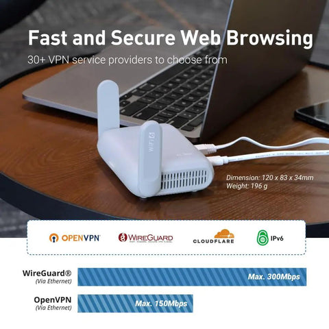 Travel WiFi 6 Router with 2.5G WAN Port and USB 3.0 beside a laptop on a desk