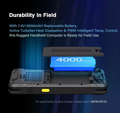 Rugged Handheld Computer with replaceable 4000mAh battery for Badass Durability 6.5-Inch Rugged Tablet PC With Honeywell Barcode Scanner And Windows 11 IoT Enterprise OS 8GB RAM 128GB Storage GPS NFC Handheld PDA For Jobsite Crews.