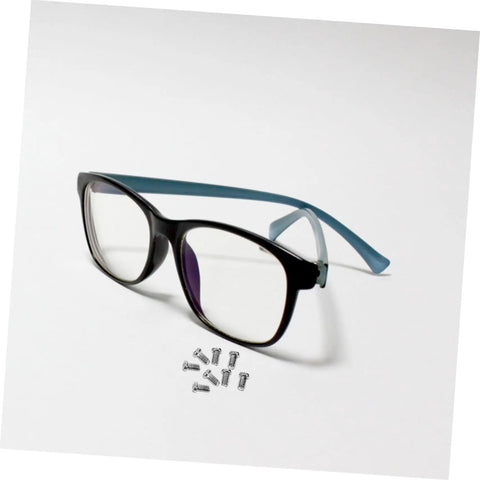 Glasses with Metal Eyeglasses Repair Screws Kit, Small Replacement Set For Glasses, Sunglasses, And Watches displayed on white background.