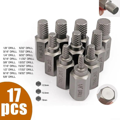 Beefy 17 Piece Screw Extractor Set With Hex Head Remover Tools for Damaged Broken Stripped Screws, multiple drill sizes shown