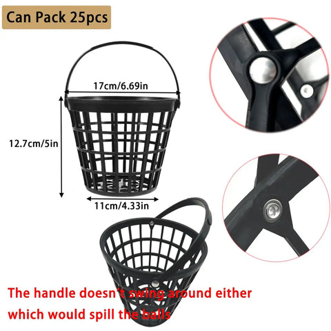 Diagram of Golf Ball Basket With Handle Holds Up To 25 Balls Plastic Ball Container Black For Outdoor Practice And Easy Golf Training At Home Or On The Range With Portable Design showing dimensions and handle detail
