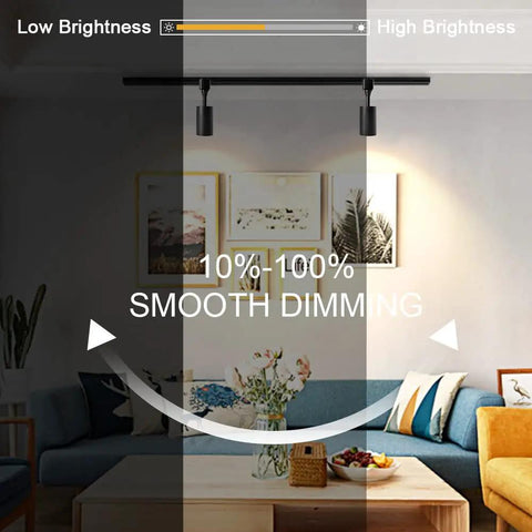Living room with Zoomable 12W LED Track Light Heads H Type Dimmable Halo Track Lighting illuminating artwork and furniture