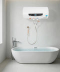 Heavy Duty 50L Horizontal Electric Water Heater With Digital Temperature Control And 110V US Plug Stainless Steel Inner Tank mounted above a modern bathtub.