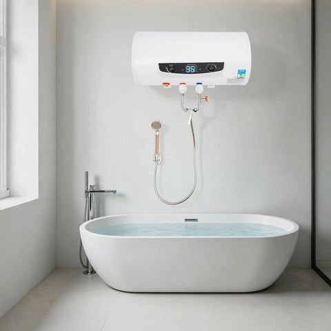 Heavy Duty 50L Horizontal Electric Water Heater With Digital Temperature Control And 110V US Plug Stainless Steel Inner Tank mounted above a modern bathtub.