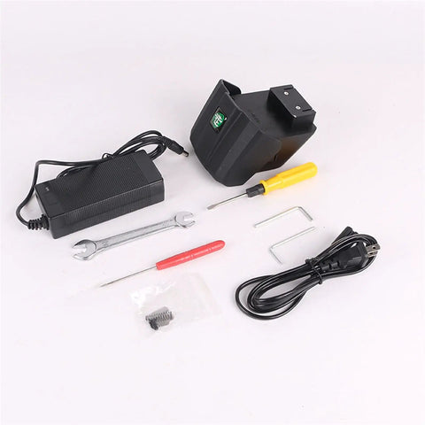 Electric Banding And Strapping Tool For Heavy Duty Packaging JDC13 16 parts including battery charger and accessories on white surface