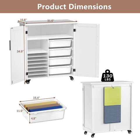 Rolling Craft Cart With Storage Cabinet And Drawers For Cricut Projects, dimensions labeled, front and side view with open doors