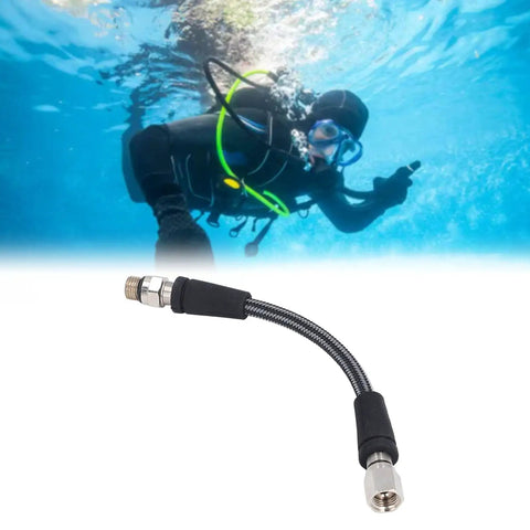 Carbon Fiber Braided High Pressure Regulator Hose, 5.9 Inch Scuba Diving Hose with diver in background.