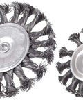 7 Piece Twist Knot Wire Brush Set For Drill With One Quarter Inch Shank Up To 4500 RPM showing knotted wire wheel brushes