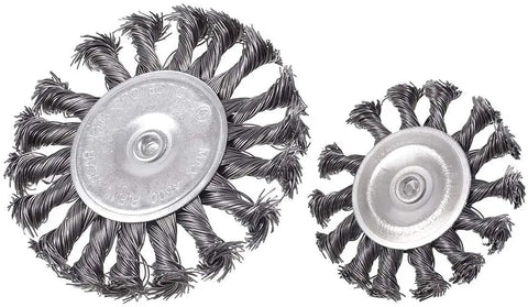 7 Piece Twist Knot Wire Brush Set For Drill With One Quarter Inch Shank Up To 4500 RPM showing knotted wire wheel brushes