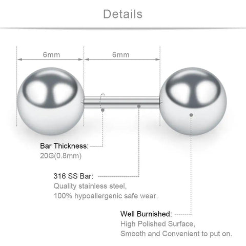 Four Pack Stainless Steel Ball Barbell Earrings Set For Helix Tragus Cartilage And Earlobe Piercings For Men And Women 20G One Quarter Inch Polished Silver Three To Six Millimeter detail view