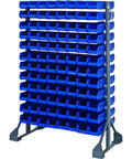 Badass Double Sided 12 Rail Shelving Rack With 192 Blue Ultra Stack And Hang Bins for organized storage in workshops.