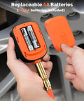 ETENWOLF T600 digital tire pressure gauge, orange housing opened to show AA batteries inside.