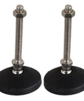 Rock Solid Adjustable Leveling Feet Kit With Four Heavy Duty Glide Pads M12 Threads and Universal Mounts close-up view of two adjustable feet with rubber bases and threaded bolts.