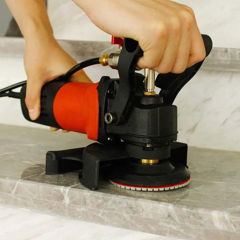 Person using Pro Grade 36 Piece Diamond Polishing Pads Kit For Wet Use 4 Inch Grit Range 50 To 6000 on marble surface