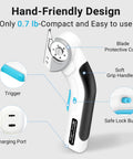 Cordless Electric Scissors Heavy Duty Fabric Cutter with ergonomic soft grip handle, safety lock and compact design.