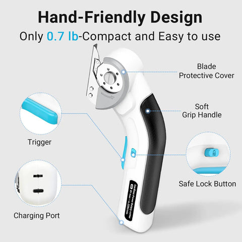Cordless Electric Scissors Heavy Duty Fabric Cutter with ergonomic soft grip handle, safety lock and compact design.