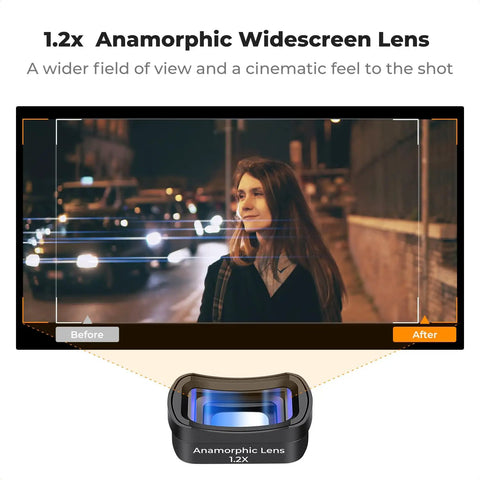 Effect Lens And ND Filter Kit For DJI Osmo Pocket 4/3 With 1.2X Anamorphic Lens showing before and after cinematic effect