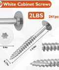 Heavy Duty White Cabinet Screws Bulk Pack Number Nine By One Three Quarter Inches Wood Fasteners For House Makeovers And Furniture Builds Approximately Two Forty Pieces with sharp points and washers.
