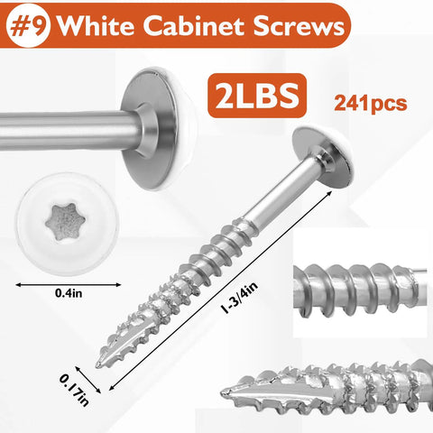 Heavy Duty White Cabinet Screws Bulk Pack Number Nine By One Three Quarter Inches Wood Fasteners For House Makeovers And Furniture Builds Approximately Two Forty Pieces with sharp points and washers.