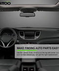 Interior view of car dashboard with steering wheel and infotainment system, featuring a note about using vehicle finder for part replacement.