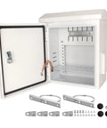 Hella Durable Outdoor Electrical Box With IP65 Waterproof Steel Cabinet and Dead Simple One Piece Ventilation Shell open with mounting kit.