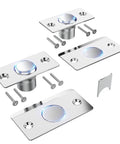 Adjustable Hidden Magnetic Door Ball Catch Hardware With Stainless Steel Strike Plate shown disassembled with screws, 2 Pack Silver
