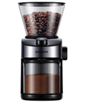 Heavy Duty Metal Flat Burr Coffee Grinder With Thirty Two Precision Settings, showcasing beans in the hopper and ground coffee below.