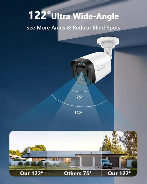5MP Full HD Wired Outdoor Security Camera System For 24 Seven Home Surveillance With IR Night Vision Up To 80 Feet And Weather Ready Cameras with ultra wide-angle view.
