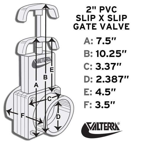Front view of Valterra 6201 PVC gate valve, white, 2-inch slip x slip.