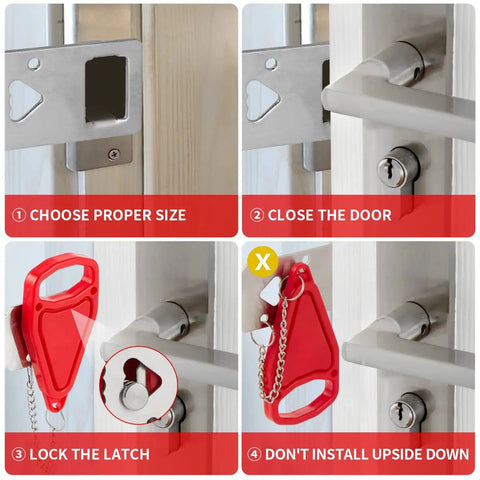 Installation steps for Portable Door Lock Security Kit For Travel And Airbnb Extra Privacy And Safety In Hotels Homes And Apartments Keeps Doors From Being Opened From Outside 2 Pack shown in four steps.