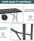 Six Foot Outdoor Folding Dining Table For Parties And Weddings, Portable Rectangular Plastic Table With Built In Carrying Handle, Black, steel frame detail