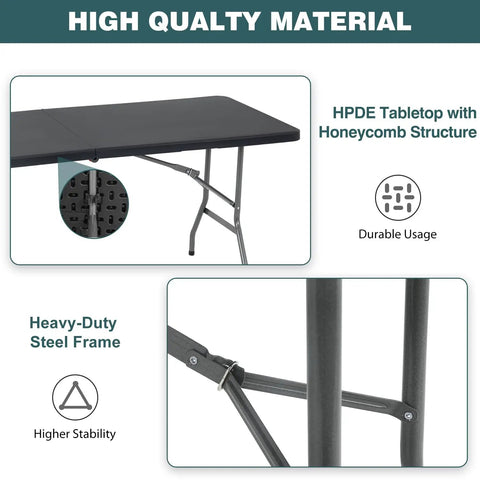 Six Foot Outdoor Folding Dining Table For Parties And Weddings, Portable Rectangular Plastic Table With Built In Carrying Handle, Black, steel frame detail
