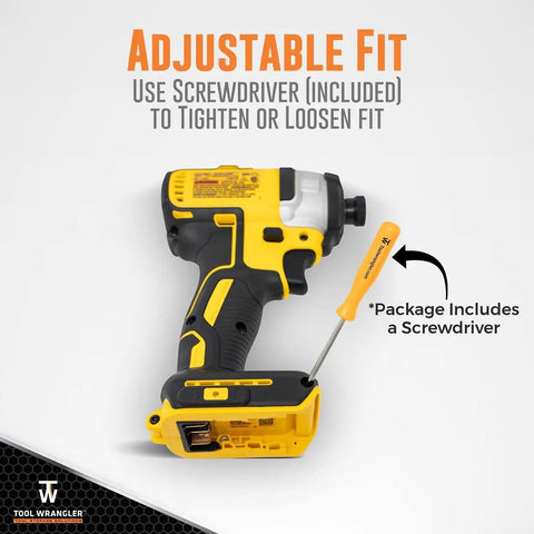 Beefy 20V Tool Holder Wall Mount Organizer For Drill Tools Holds Up To 8 Mounts Includes Screws Ultra Strong Glass Fiber Reinforced Polymer Build Made In North America Dewalt Compatible Drill Holder with included screwdriver for adjustable fit shown with drill