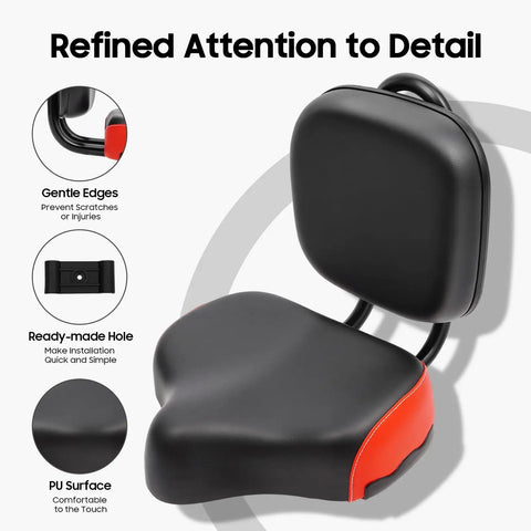 Wide Bike Seat With Backrest For Ride Ready Comfort On Trikes And Bicycles, extra wide PU seat with steel frame and ready-made hole