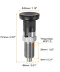 Real Deal Drop Dead Durable Stainless Steel Push Fit Ball Nose Spring Plunger M16 X 1.5 Thread with black knob and threaded shaft.