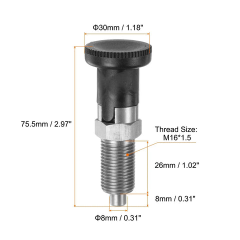 Real Deal Drop Dead Durable Stainless Steel Push Fit Ball Nose Spring Plunger M16 X 1.5 Thread with black knob and threaded shaft.