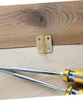 Miniature Jewelry Box Hinges With Screws For Handmade Crafts Iron 40 Piece Set Ideal For Cabinets And Chests DIY Projects 270 Degree Rotation Yellow Finish Hidden Install Tiny Precision Hardware For Delicate Boxes showing a hinge on wood surface next to screwdrivers.