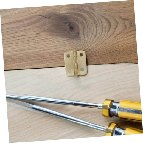 Miniature Jewelry Box Hinges With Screws For Handmade Crafts Iron 40 Piece Set Ideal For Cabinets And Chests DIY Projects 270 Degree Rotation Yellow Finish Hidden Install Tiny Precision Hardware For Delicate Boxes showing a hinge on wood surface next to screwdrivers.
