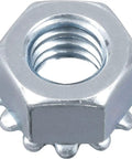 Heavy Duty Zinc Plated Steel Keps Lock Nuts With Captive Toothed Flange Number 10-32 Fine Thread close-up view on white background.