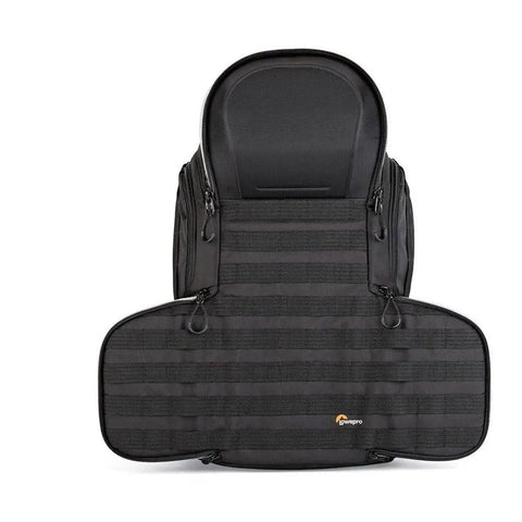 Front view of ProTactic 350 AW II Modular Camera Backpack with open straps for cameras and gear storage.