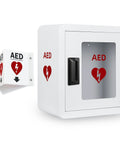 Amazon Tripolss AED wall-mount cabinet and acrylic sign; white steel first-aid box with magnetic door and embedded handle