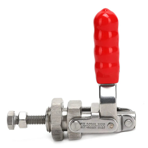 Stainless Steel Toggle Clamp With 220.5Lb Holding Power, Push Pull Clamp For Woodworking, Fixture Setup, Home Decor Projects, And Equipment Installations, Heavy Duty Grip, Arrow Storage Case Included red handle, side view
